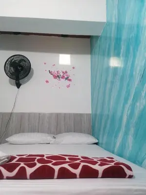 a bedroom with a bed and a fan on the wall at Hotel Jireh - San Carlos Ant in San Carlos