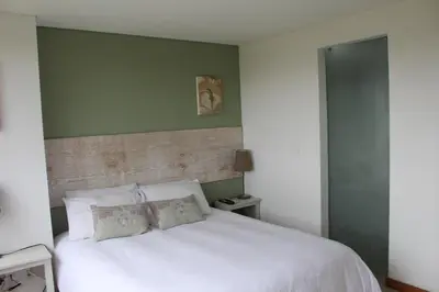 a bedroom with a white bed and a green wall at LLanogrande Aparta Estudio Puerto Bulevar in Rionegro