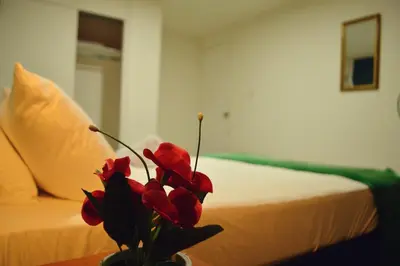 a vase with red flowers on a table next to a bed at Africa house-Casa Hotel Laureles-La70 in Medellín