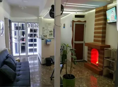 a living room with a blue couch and a plant at Hotel La Posada in Belén de Umbría
