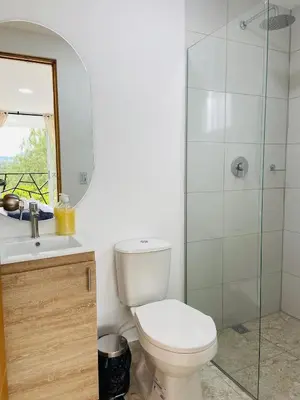 a bathroom with a toilet and a glass shower at La Madriguera in Guatapé