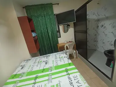 a bedroom with a bed and a green curtain at Hotel San Vicente in Medellín