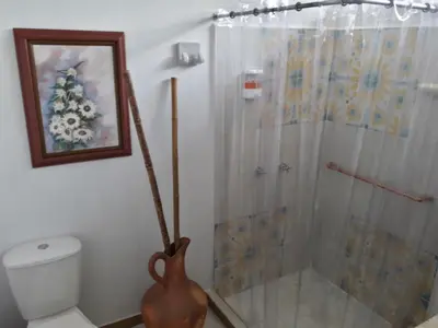 a bathroom with a shower with a toilet and a vase at Hacienda Cafetera La Gaviota in Chinchiná