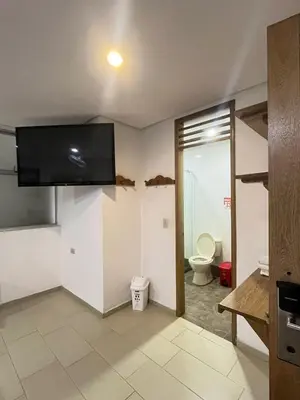 a bathroom with a toilet and a television on the wall at Hotel Portal Central in Medellín
