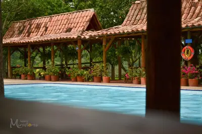 a swimming pool with a pavilion and potted plants at Hostería Miraflores in Liborina