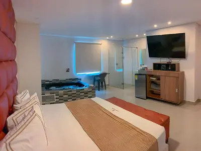 a hotel room with a bed and a tv in it at Infinity Hotel in Medellín