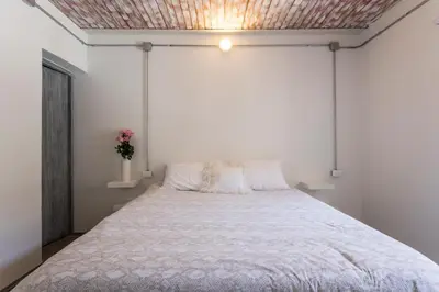 a bedroom with a large bed with a ceiling at Gastón Coliving in Medellín