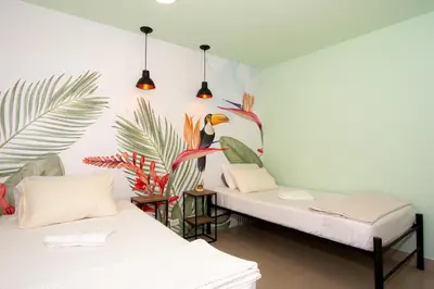 two beds in a room with a bird on the wall at Parceros Med Hostel in Medellín