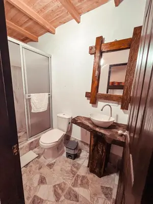 a bathroom with a toilet and a sink and a mirror at Las Orquídeas EcoHostel in Guarne