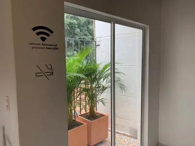 a plant in a pot next to a glass door at Apartamento remodelado en el mejor lugar del centro de Medellín. Home Aris 402 in Medellín