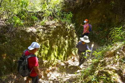 three people walking on a trail in the jungle at Casa Descanso en el Campo con Hermosa Vista a los Farallones in Versalles