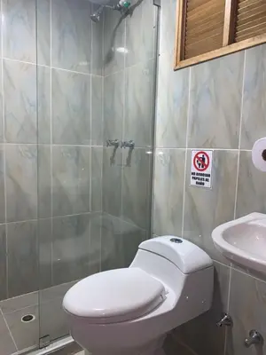 a bathroom with a toilet and a shower and a sink at Hotel Lleras Premium #1 in Medellín
