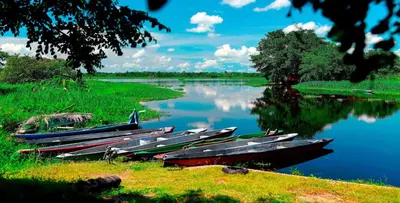 a group of boats are lined up on a river at Villa Ilusion 88 in Puerto Boyacá