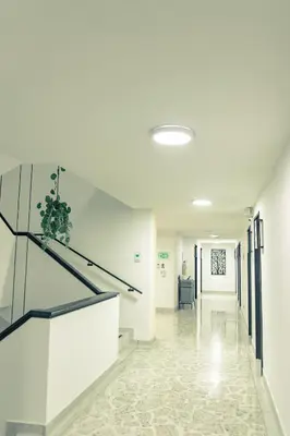 a hallway with white walls and a staircase with a potted plant at Mandala Medellín Centro By GyC Hotels in Medellín