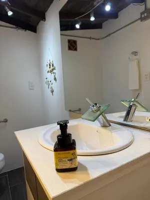 a bathroom with a white sink and a mirror at Compostela cabaña privada (private cabin for rent) in Jardin
