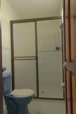 a bathroom with a blue toilet and a shower at Hotel Felicina in Jericó