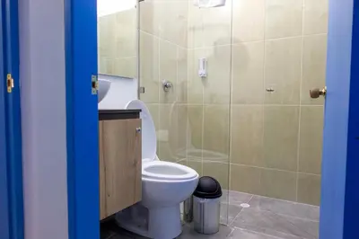 a bathroom with a toilet and a shower at Hotel Azulado Jericó in Jericó
