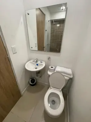 a bathroom with a toilet and a sink and a mirror at HOTEL MEDELLIN CENTRAL in Medellín