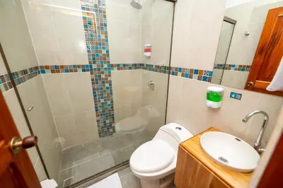 a bathroom with a shower and a toilet and a sink at Hotel Santa Laura in Jericó
