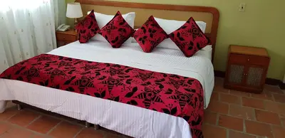 a bedroom with a bed with red and black pillows at Hosteria Guaracú in San Jerónimo