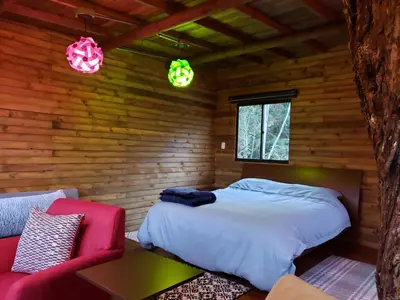 a bedroom in a log cabin with a bed and a couch at La Zenerchi in Rionegro