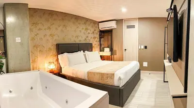 a bedroom with a bed and a tub and a television at VPV Suites in Medellín