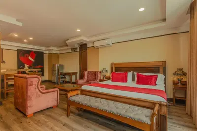 a bedroom with a bed with red pillows at Hotel Du Parc in Medellín