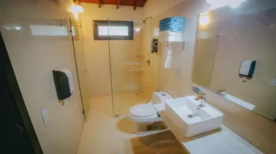 a bathroom with a toilet and a sink and a shower at La Ardilla de Santa Fe by Bernalo Hotels in Santa Fe de Antioquia