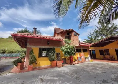 a yellow house with a palm tree at HOTEL EL POTRILLO in El Peñol
