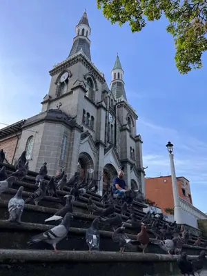 a flock of birds sitting on the steps of a church at Paraíso en la ciudad in Medellín