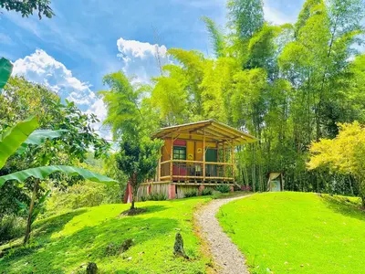 a house on a grassy hill with a path leading to it at Cabañas con cascada privada & vistas a la montaña Naturaleza total in Jardin