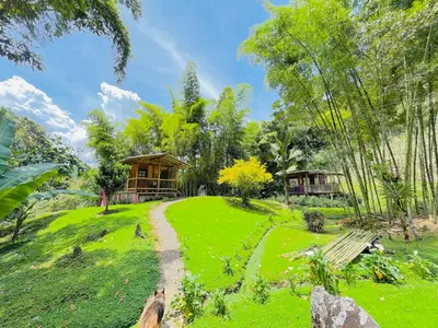 a green lawn with a house in the background at Cabañas con cascada privada & vistas a la montaña Naturaleza total in Jardin