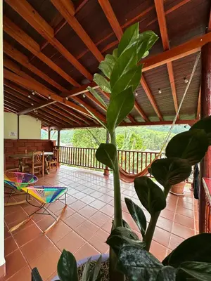 a house with a potted plant on a porch at La Casa de las Flores Hostal in Jardin