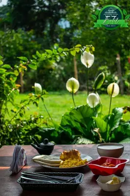 a table with plates of food on top of it at Finca Hotel Betel in San Carlos