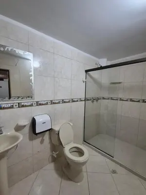 a bathroom with a shower and a toilet and a sink at Hotel Brisas MEDELLIN in Medellín