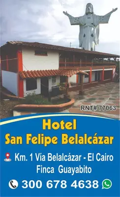 a flyer for a hotel san felipe balanca with a building at Hotel San Felipe Belalcazar in Belcazar Caldas