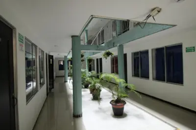 a hallway of a hospital with potted plants and a cross at Hotel zandalo medellin in Medellín