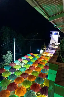 a bunch of colorful umbrellas on the ground at night at Hotel Bahia Del Faro in Guatapé