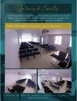 two pictures of a conference room with blue chairs and tables at Kamaleb Farallones Hotel in Quibdó