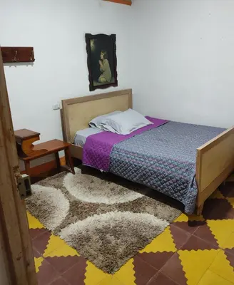 a bedroom with a bed and a rug at Finca La Antigua. finca tradicional Cafetera in Jardin