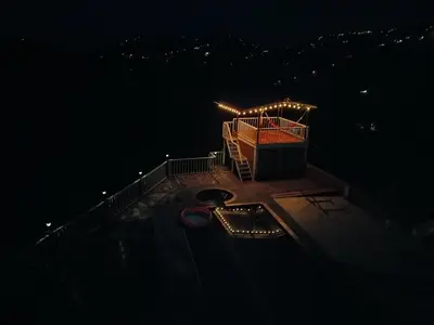 a view of a deck at night at Apartamento campestre in Manizales