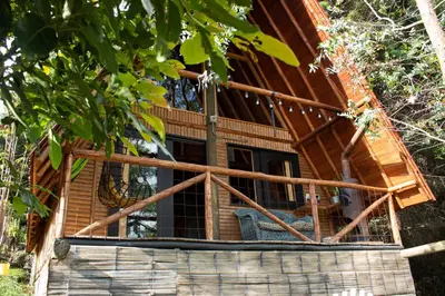 a tree house with a view of the front window at Glamping con jacuzzi cerca a Medellin in Guarne