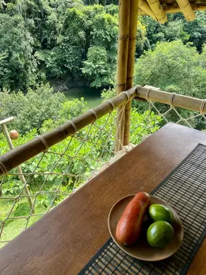 a bowl of fruit on a table on a porch at Ecocabaña Pocahontas en rio Santo Domingo, Melcocho in Cocorná