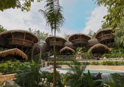 a resort with a pool and a bunch of trees at Hotel Casa Candela in San Jerónimo
