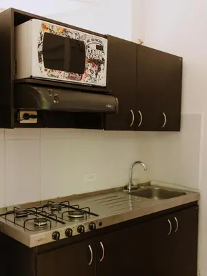 a kitchen with a stove and a sink at Hotel Kalma in Santa Fe de Antioquia