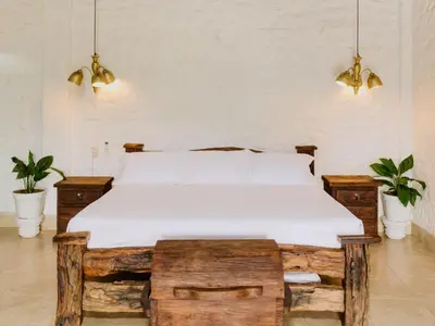 a bedroom with a bed and two potted plants at Hotel Kalma in Santa Fe de Antioquia