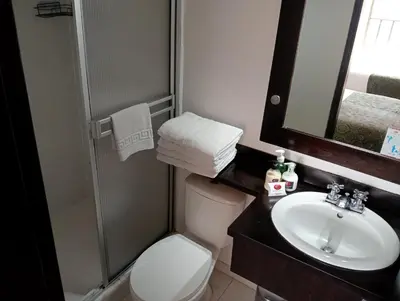 a bathroom with a sink and a toilet and a mirror at Europa Hotel Boutique Manizales in Manizales