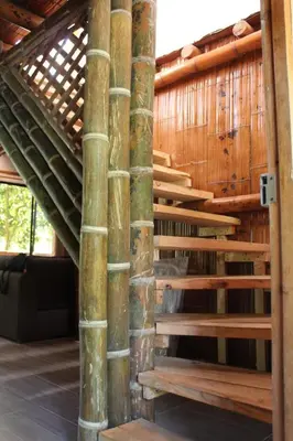 a set of bamboo stairs in a wooden building at hermosa cabaña villa majo, cuenta con el espectacular rio santo domingo in San Francisco