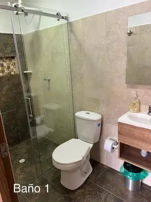 a bathroom with a shower and a toilet and a sink at vista piedra in Guatapé