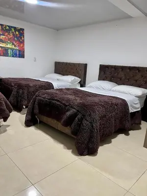 two beds in a bedroom with a brown blanket at Amarena Hotel Boutique in Manizales